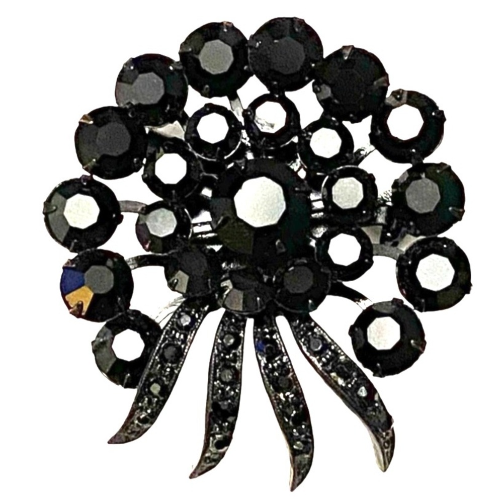 Vintage Black Rhinestone Brooch 1950s